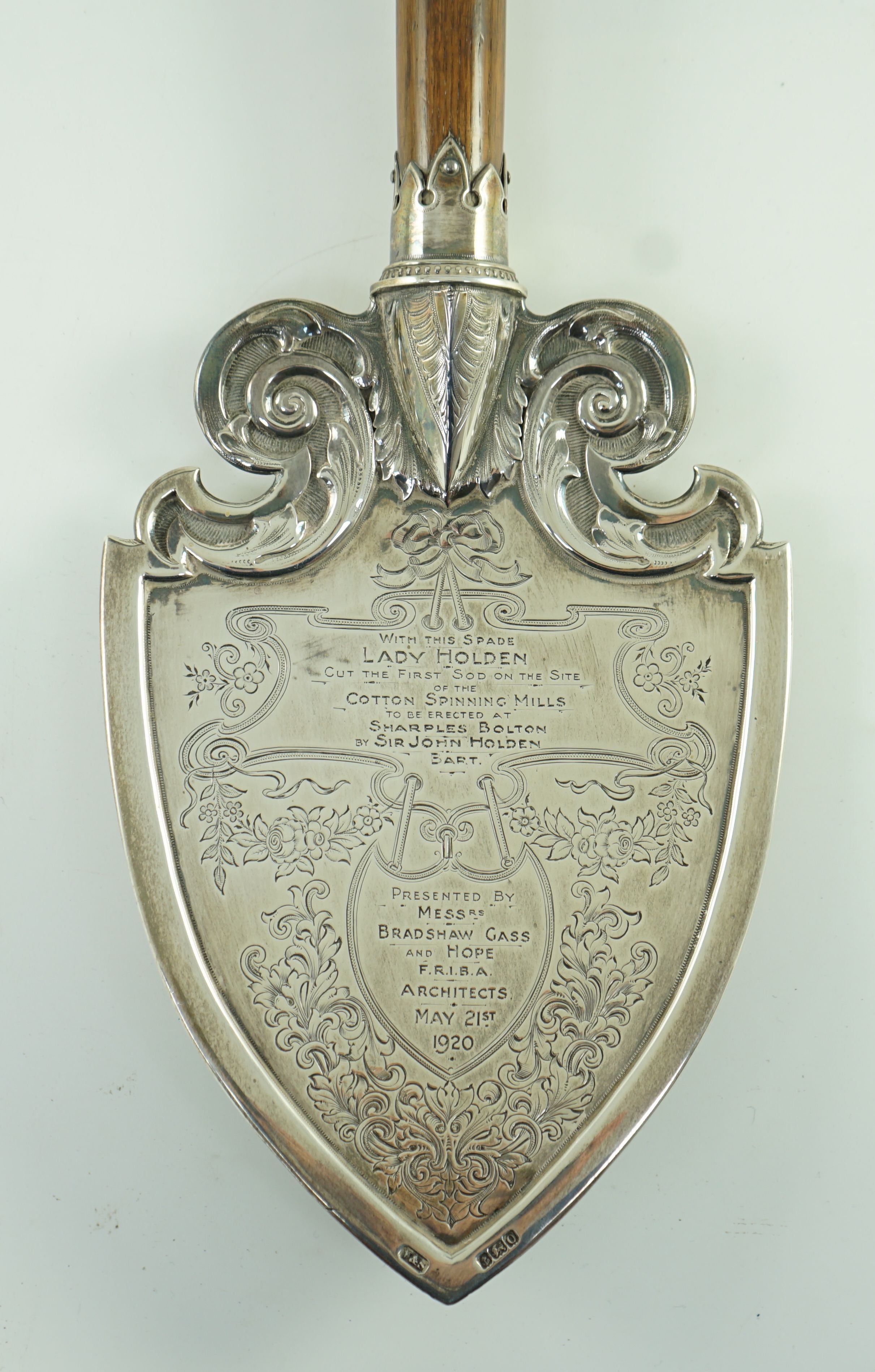 A large George V silver mounted oak presentation spade, by Vaughton & Sons